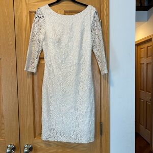 White Lace Sheath Dress with Three-Quarter Sleeves - M